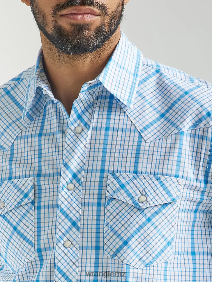 Wrangler 20X Competition Advanced Comfort Long Sleeve Two Pocket Western Snap Plaid Shirt Baby Blue (112324829) Men Clothing DRL6LH491