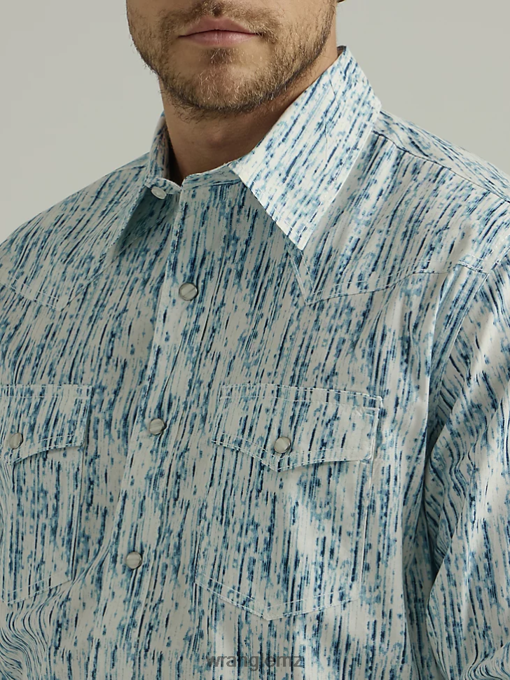 Wrangler 20X Competition Advanced Comfort Long Sleeve Western Snap Print Shirt Rainy Blue (112327797) Men Clothing DRL6LH490