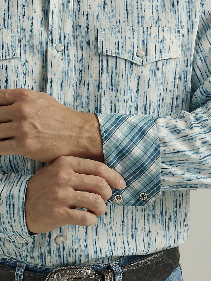 Wrangler 20X Competition Advanced Comfort Long Sleeve Western Snap Print Shirt Rainy Blue (112327797) Men Clothing DRL6LH490