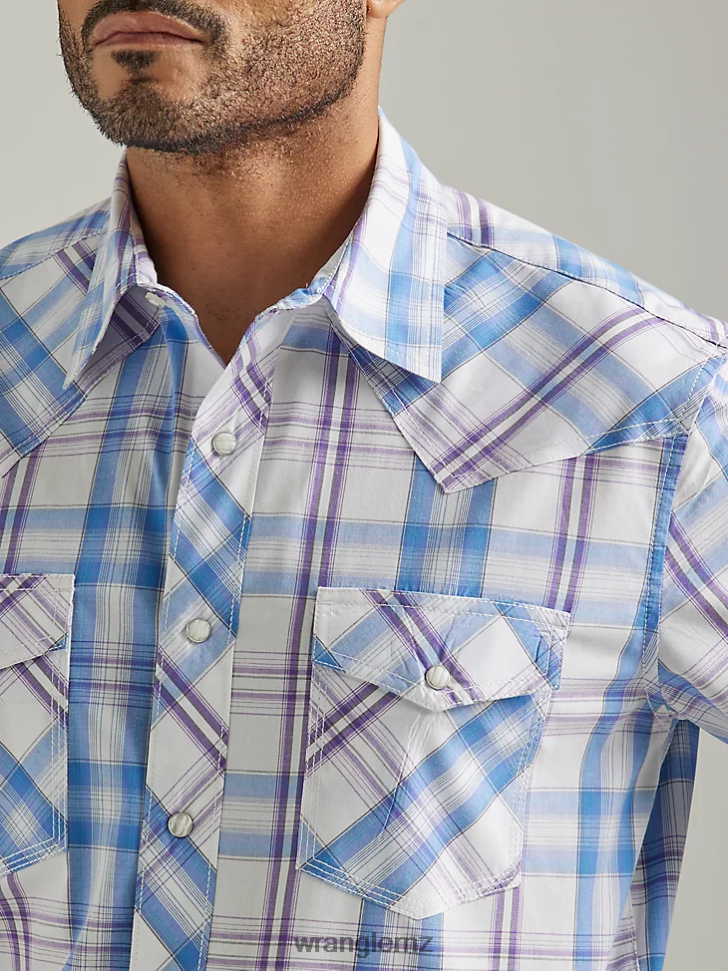 Wrangler 20X Competition Advanced Comfort Short Sleeve Western Snap Two Pocket Plaid Shirt Iris Purple (112327811) Men Clothing DRL6LH454