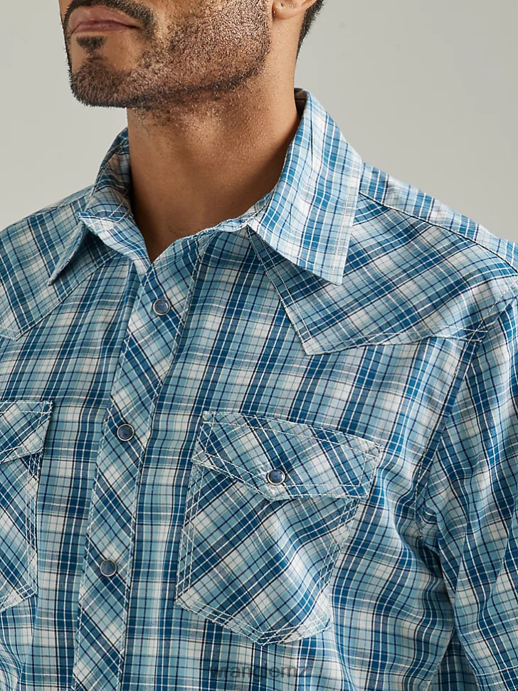 Wrangler 20X Competition Advanced Comfort Short Sleeve Western Snap Two Pocket Plaid Shirt Pacific Check (112327806) Men Clothing DRL6LH453