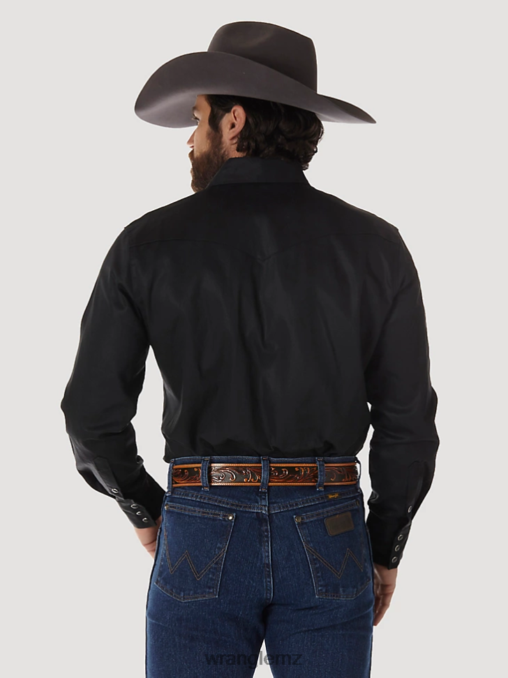 Wrangler Cowboy Cut Firm Finish Long Sleeve Western Snap Solid Work Shirt Black (MS70819) Men Clothing DRL6LH425