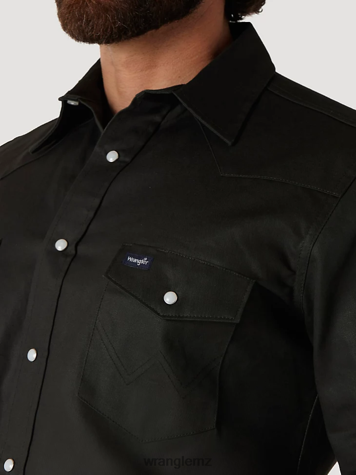 Wrangler Cowboy Cut Firm Finish Long Sleeve Western Snap Solid Work Shirt Black Forest Green (MS70519) Men Clothing DRL6LH424