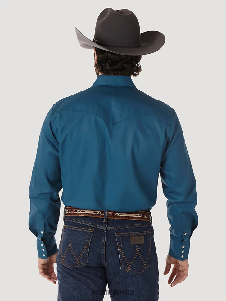 Wrangler Cowboy Cut Firm Finish Long Sleeve Western Snap Solid Work Shirt Dark Teal (MS71419) Men Clothing DRL6LH421