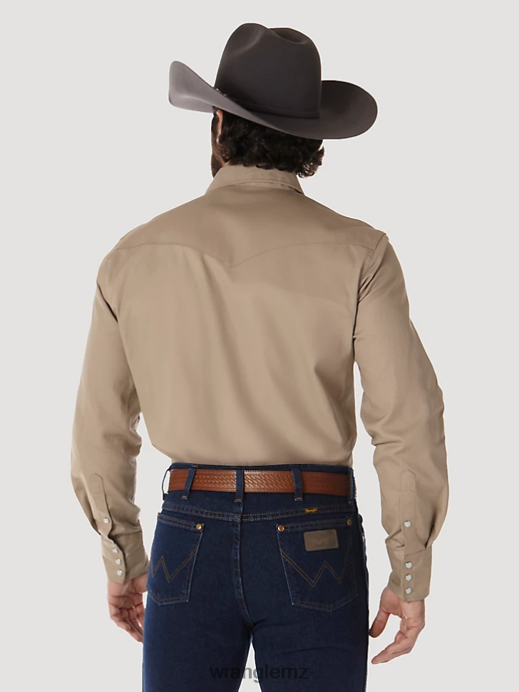 Wrangler Cowboy Cut Firm Finish Long Sleeve Western Snap Solid Work Shirt Khaki (MS70319) Men Clothing DRL6LH417