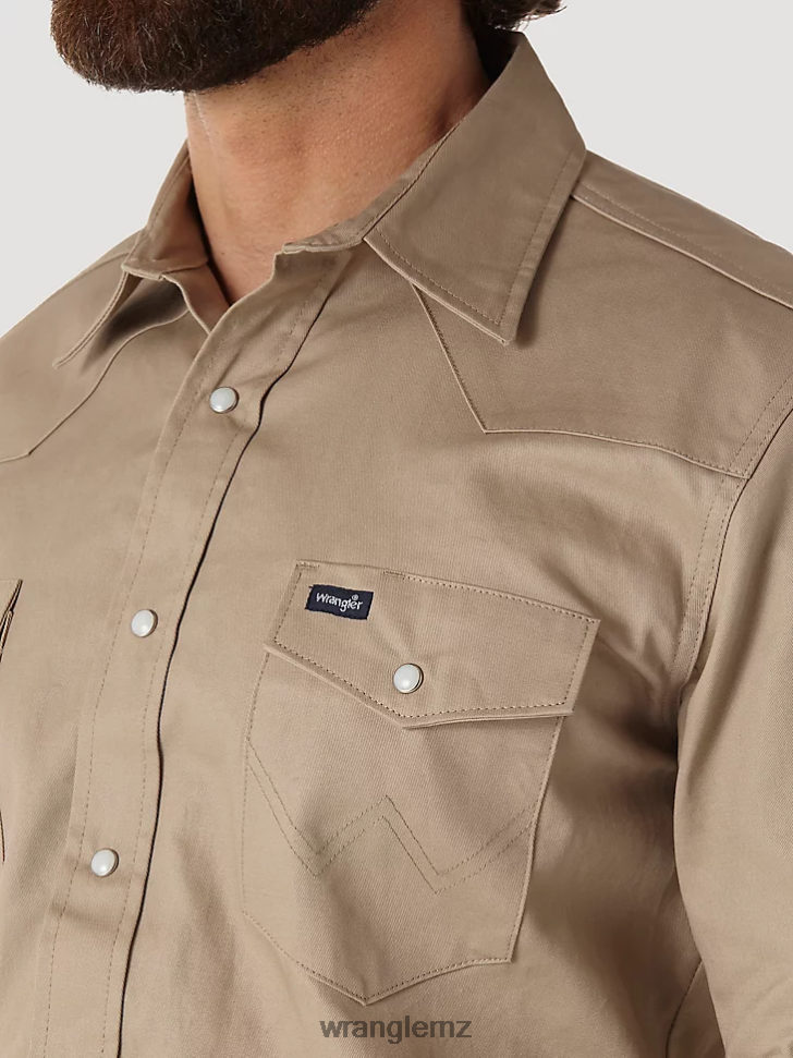 Wrangler Cowboy Cut Firm Finish Long Sleeve Western Snap Solid Work Shirt Khaki (MS70319) Men Clothing DRL6LH417
