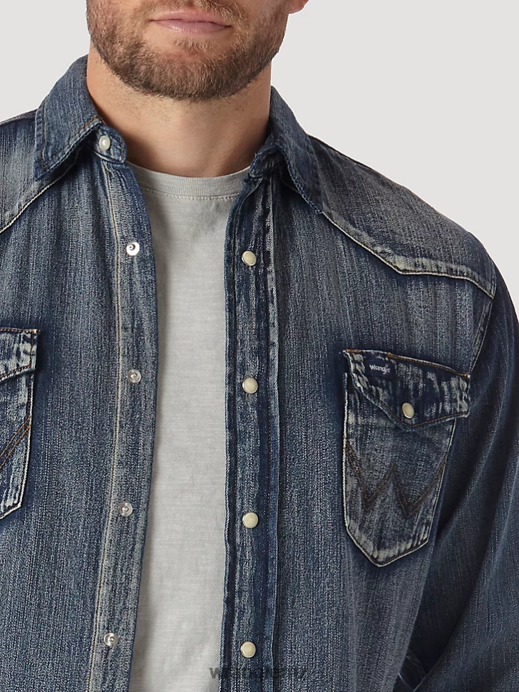 Wrangler Cowboy Cut Long Sleeve Western Denim Snap Work Shirt Antique Blue (MS1039W) Men Clothing DRL6LH408