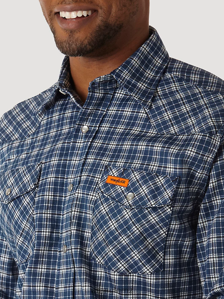 Wrangler FR Flame Resistant Long Sleeve Western Snap Plaid Shirt Blue/Black (FR122BW) Men Clothing DRL6LH501