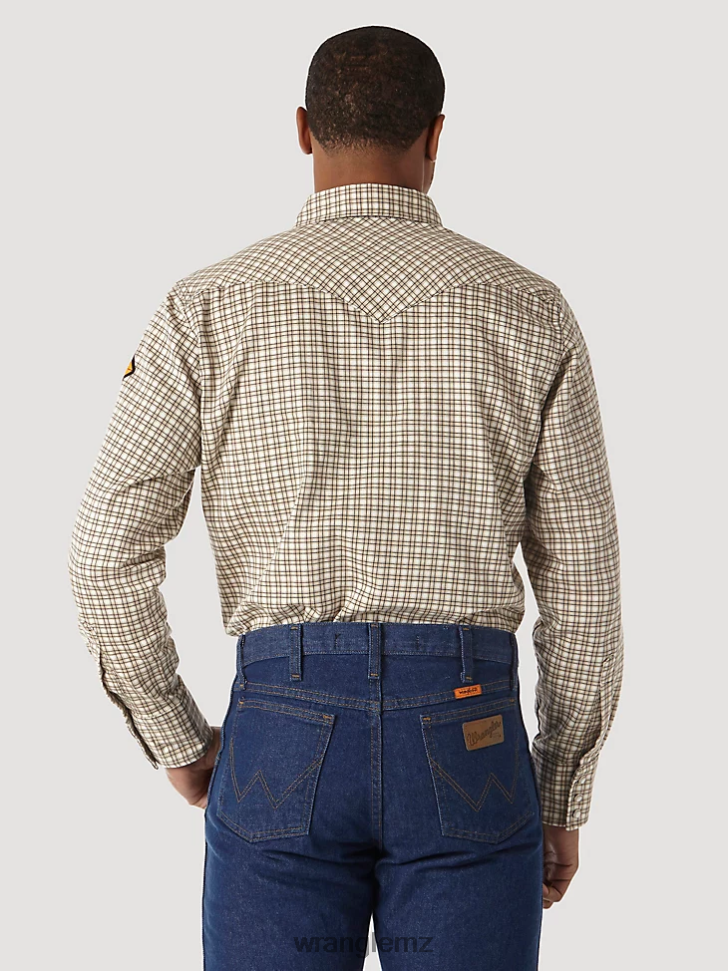 Wrangler FR Flame Resistant Long Sleeve Western Snap Plaid Shirt Khaki/White (FR124MM) Men Clothing DRL6LH502