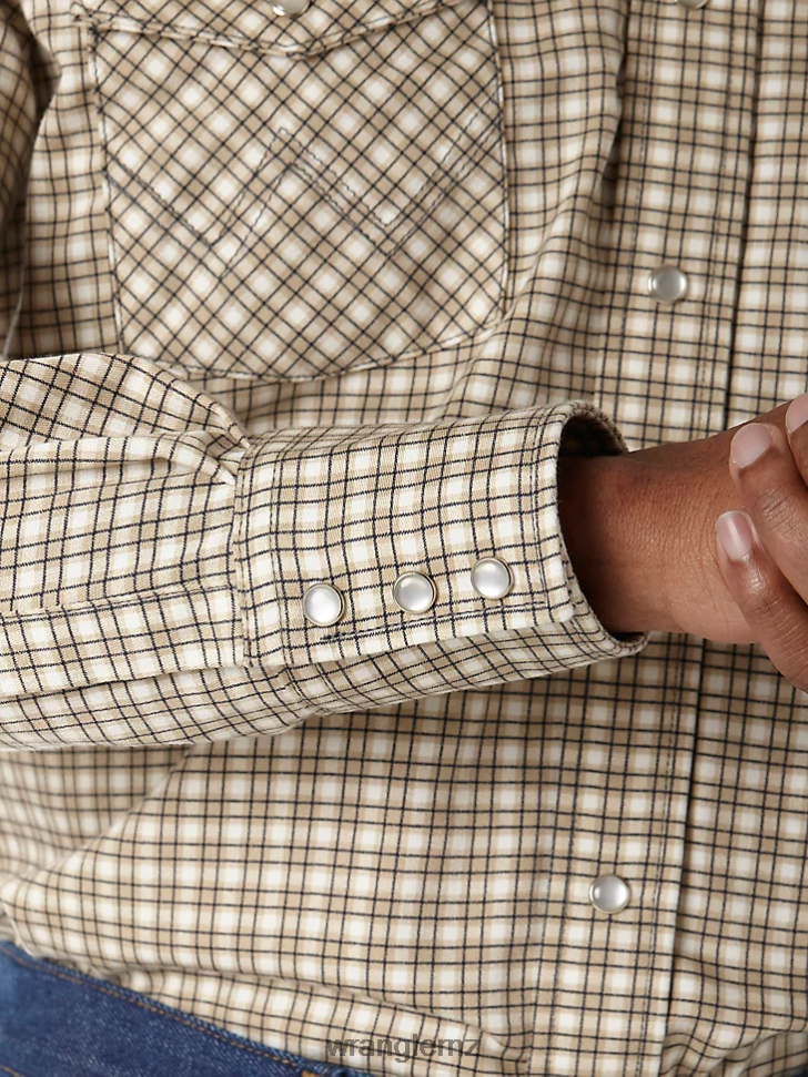 Wrangler FR Flame Resistant Long Sleeve Western Snap Plaid Shirt Khaki/White (FR124MM) Men Clothing DRL6LH502