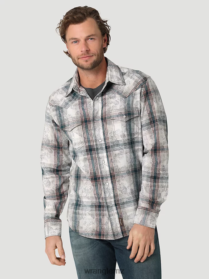 Wrangler FR Flame Resistant Long Sleeve Western Snap Plaid Shirt Navy/Black (FR123BL) Men Clothing DRL6LH500