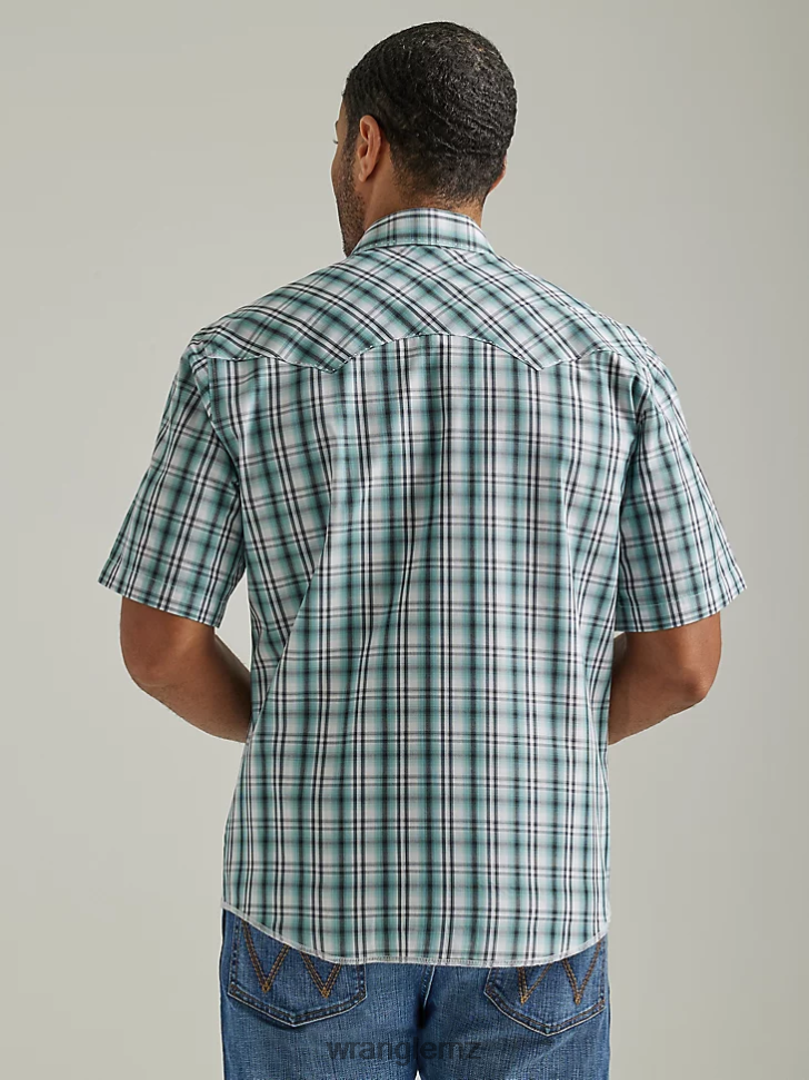 Wrangler Fashion Snap Short Sleeve Western Snap Plaid Shirt Sea Green (112326468) Men Clothing DRL6LH461