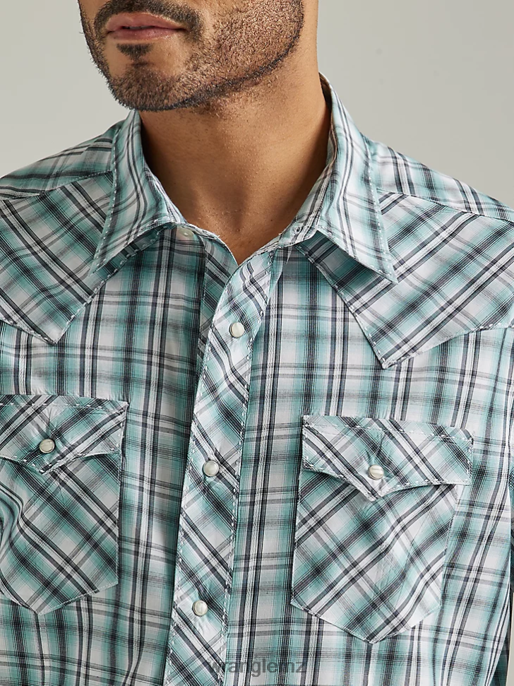 Wrangler Fashion Snap Short Sleeve Western Snap Plaid Shirt Sea Green (112326468) Men Clothing DRL6LH461