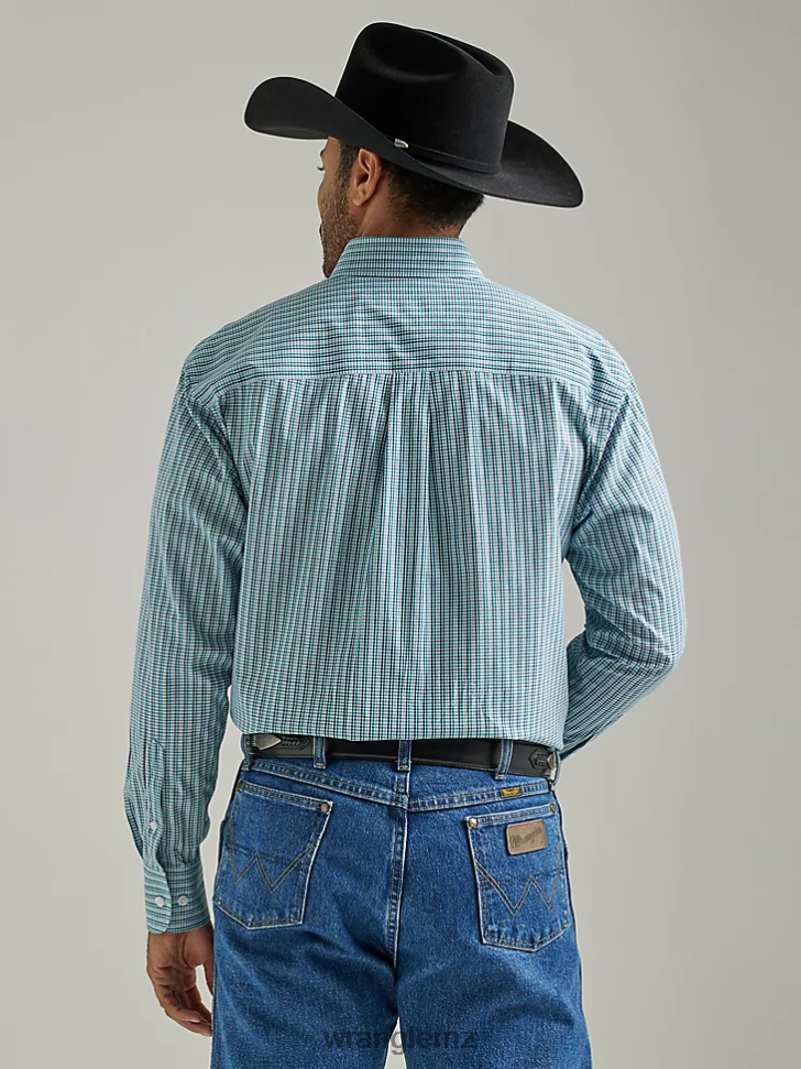 Wrangler George Strait Long Sleeve Button Down One Pocket Plaid Shirt Aqua Sea Tattersal (112327804) Men Clothing DRL6LH319