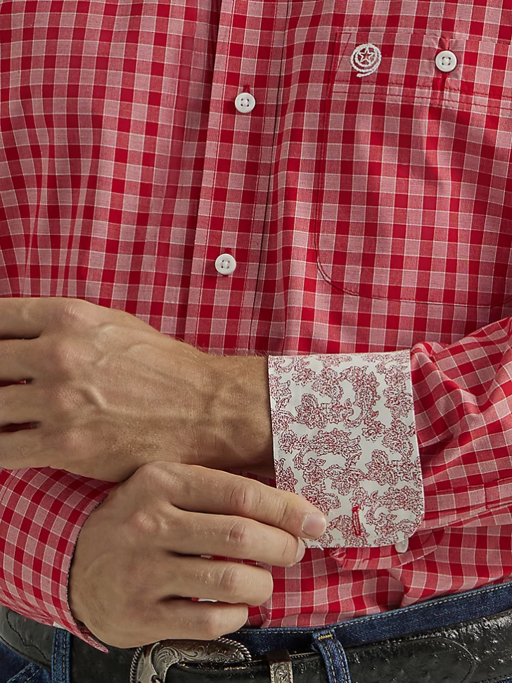 Wrangler George Strait Long Sleeve Button Down One Pocket Plaid Shirt Rosy Red Plaid (112327829) Men Clothing DRL6LH318