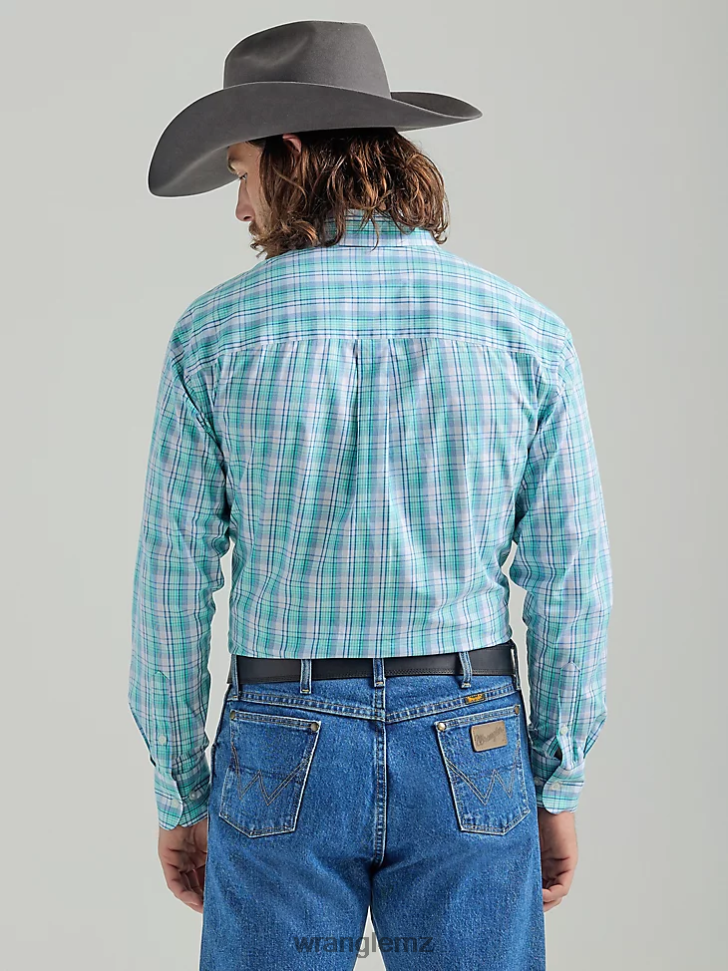 Wrangler George Strait Long Sleeve Button Down One Pocket Plaid Shirt Teal Floral (112324879) Men Clothing DRL6LH315