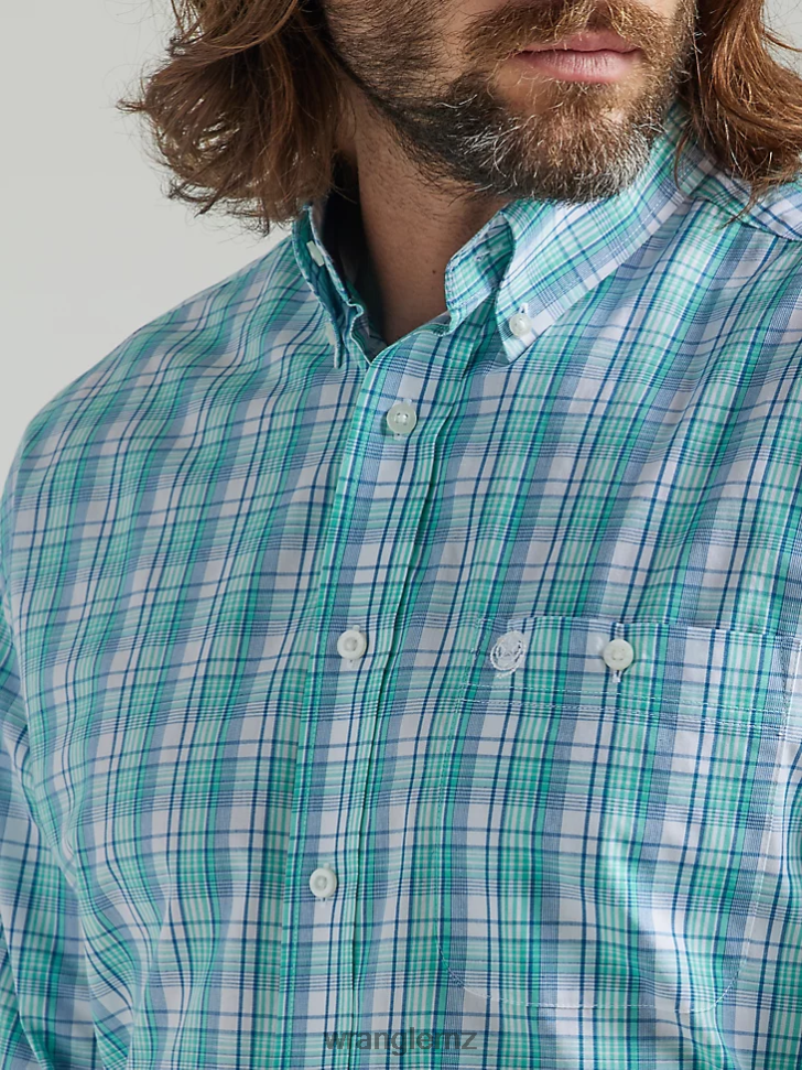 Wrangler George Strait Long Sleeve Button Down One Pocket Plaid Shirt Teal Floral (112324879) Men Clothing DRL6LH315