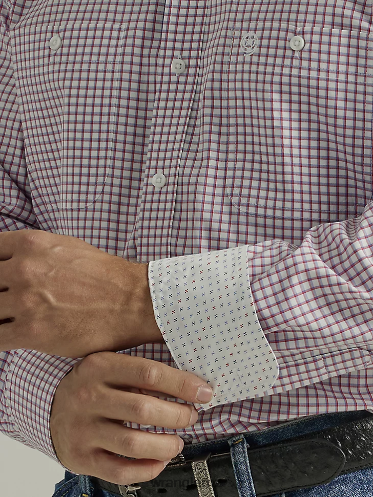 Wrangler George Strait Long Sleeve Button Down Two Pocket Plaid Shirt Check Red (112327838) Men Clothing DRL6LH325