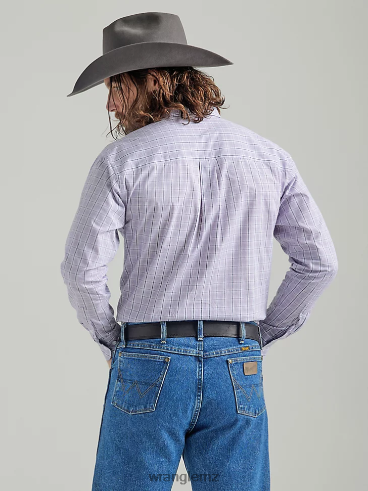 Wrangler George Strait Long Sleeve Button Down Two Pocket Plaid Shirt Lilac (112324814) Men Clothing DRL6LH324