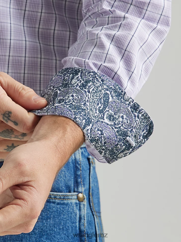 Wrangler George Strait Long Sleeve Button Down Two Pocket Plaid Shirt Lilac (112324814) Men Clothing DRL6LH324