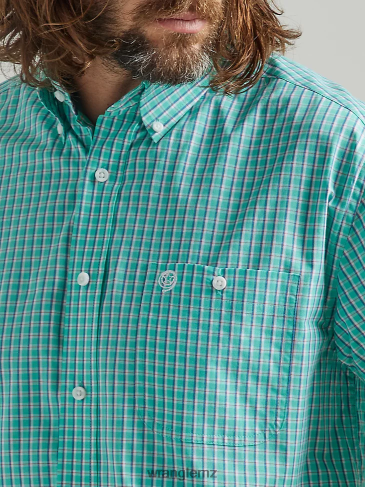 Wrangler George Strait Short Sleeve 1 Pocket Button Down Plaid Shirt Teal (112324874) Men Clothing DRL6LH307
