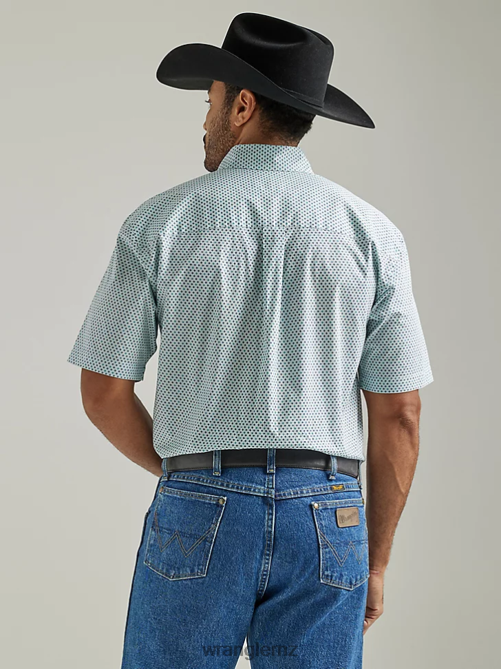 Wrangler George Strait Short Sleeve Button Down One Pocket Print Shirt Aqua Board (112327821) Men Clothing DRL6LH301