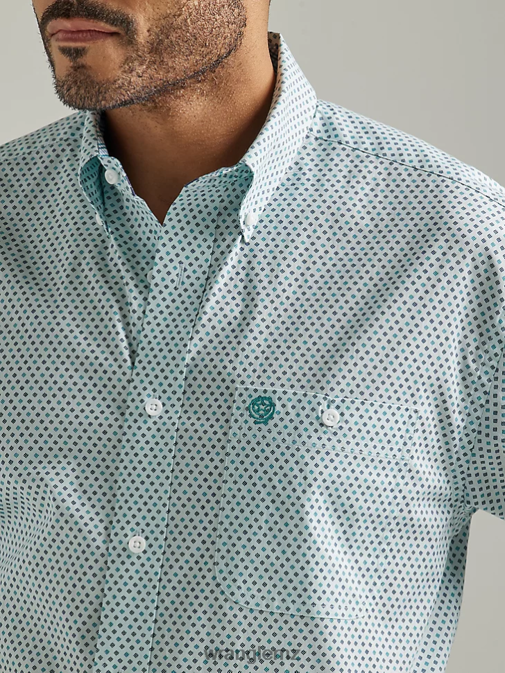 Wrangler George Strait Short Sleeve Button Down One Pocket Print Shirt Aqua Board (112327821) Men Clothing DRL6LH301