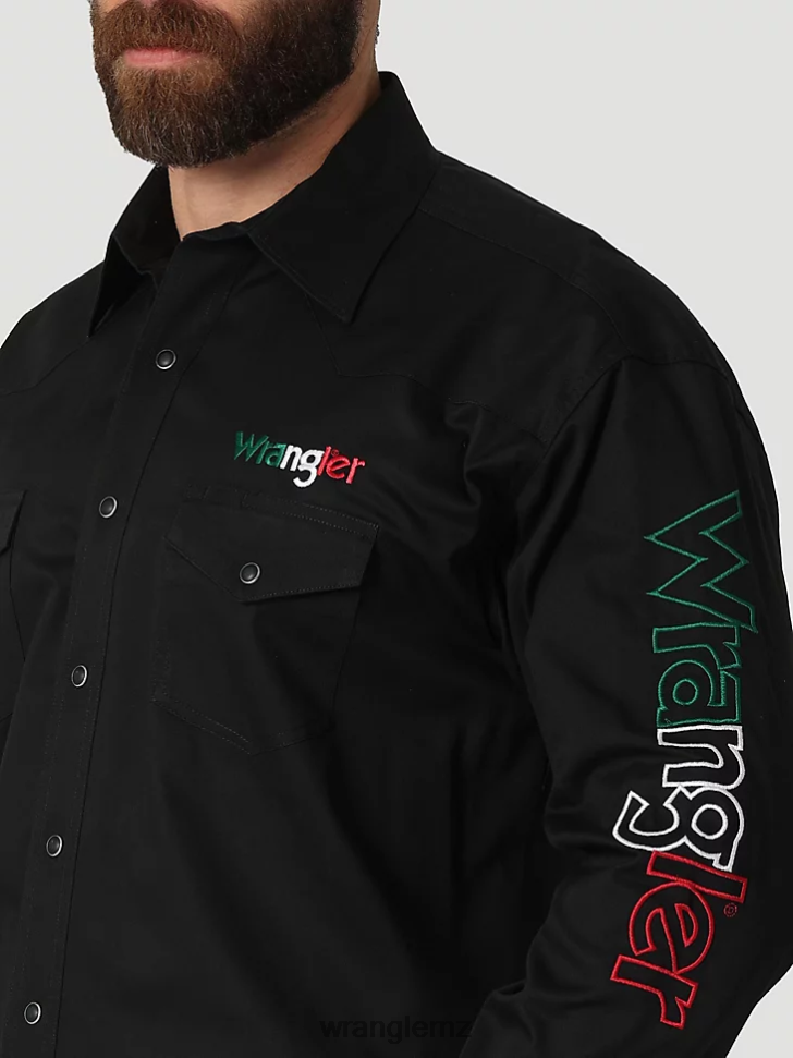 Wrangler Logo Long Sleeve Button Down Solid Shirt Black (112317124) Men Clothing DRL6LH396