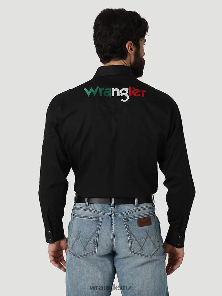 Wrangler Logo Long Sleeve Button Down Solid Shirt Black (112317124) Men Clothing DRL6LH396