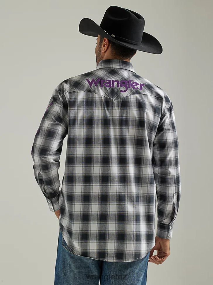 Wrangler Logo Long Sleeve Western Snap Plaid Shirt Black White Buffalo (112327777) Men Clothing DRL6LH499