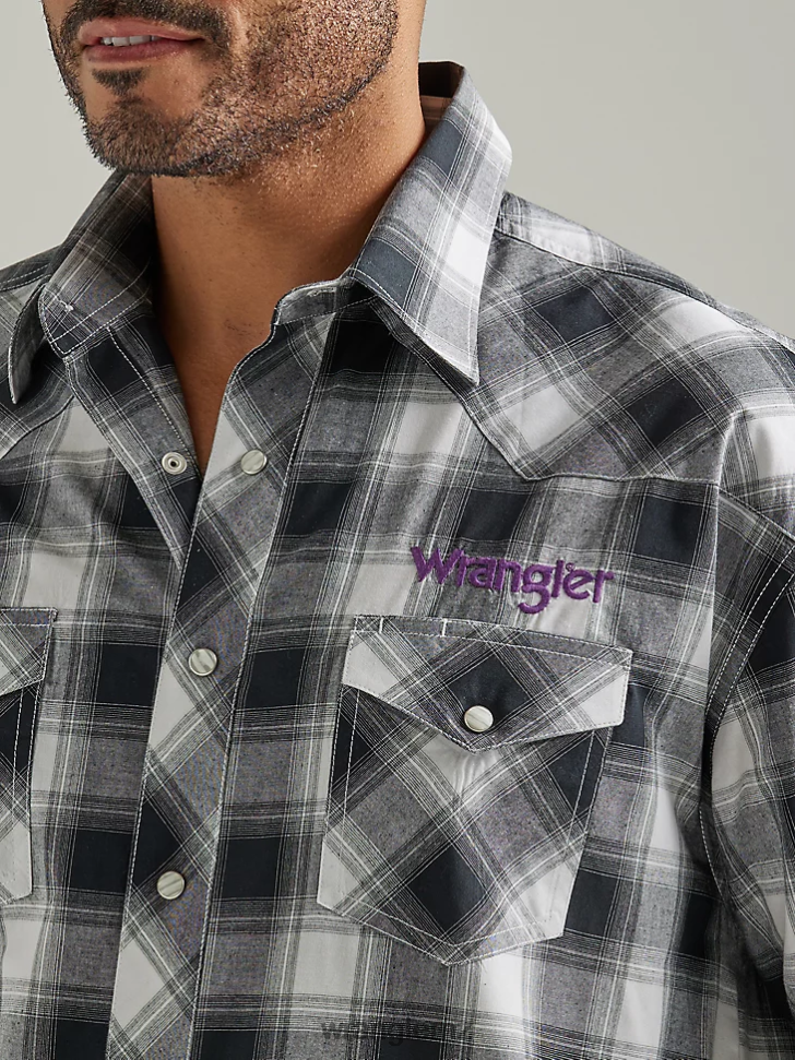 Wrangler Logo Long Sleeve Western Snap Plaid Shirt Black White Buffalo (112327777) Men Clothing DRL6LH499