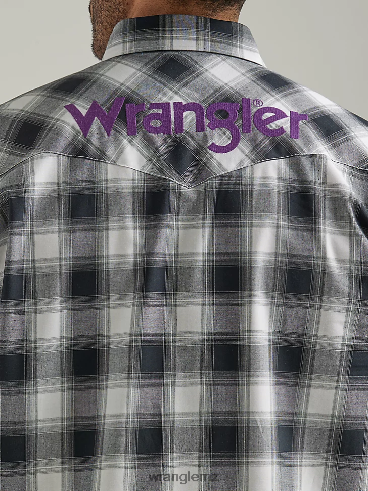 Wrangler Logo Long Sleeve Western Snap Plaid Shirt Black White Buffalo (112327777) Men Clothing DRL6LH499