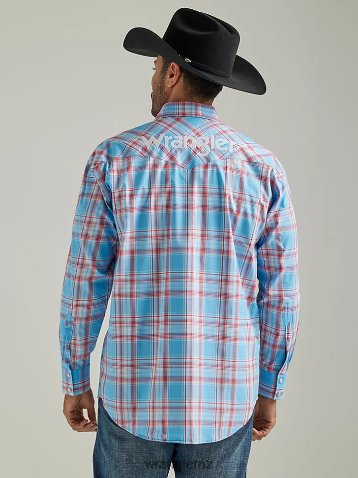 Wrangler Logo Long Sleeve Western Snap Plaid Shirt Sunny Blue (112327776) Men Clothing DRL6LH498