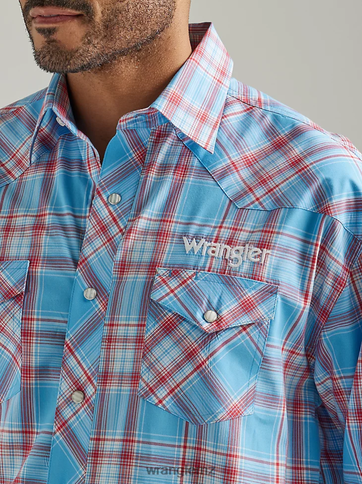 Wrangler Logo Long Sleeve Western Snap Plaid Shirt Sunny Blue (112327776) Men Clothing DRL6LH498