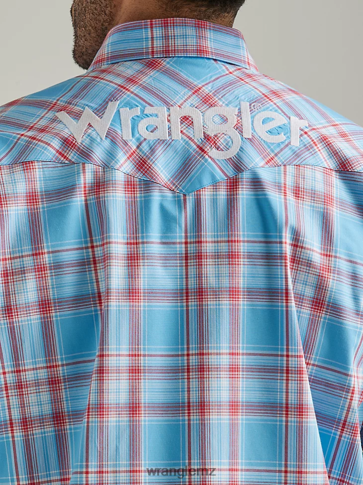 Wrangler Logo Long Sleeve Western Snap Plaid Shirt Sunny Blue (112327776) Men Clothing DRL6LH498