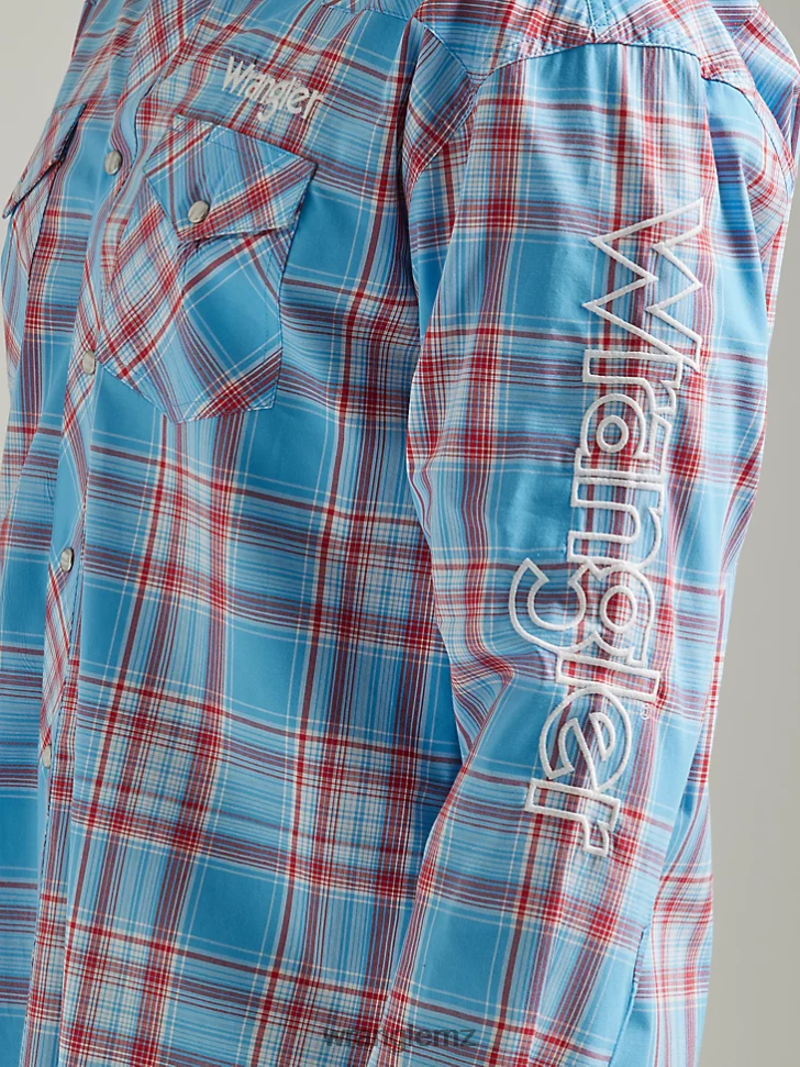 Wrangler Logo Long Sleeve Western Snap Plaid Shirt Sunny Blue (112327776) Men Clothing DRL6LH498
