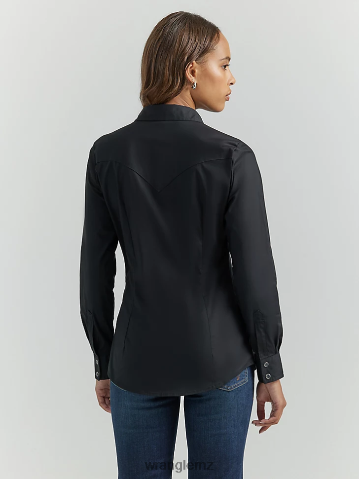 Wrangler Long Sleeve One Point Front and Back Yokes Solid Top Black (LW1002X) Women Clothing DRL6LH888