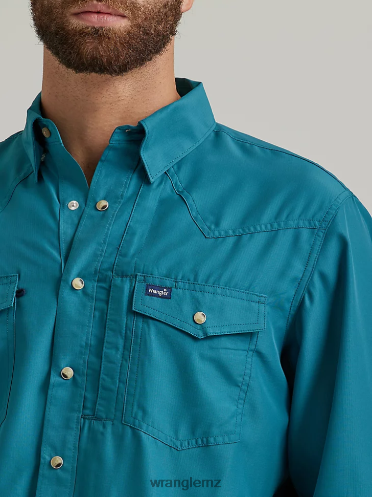 Wrangler Performance Snap Long Sleeve Solid Shirt Deep Teal (112326173) Men Clothing DRL6LH433