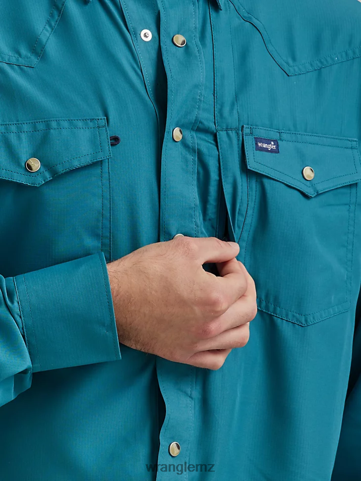 Wrangler Performance Snap Long Sleeve Solid Shirt Deep Teal (112326173) Men Clothing DRL6LH433