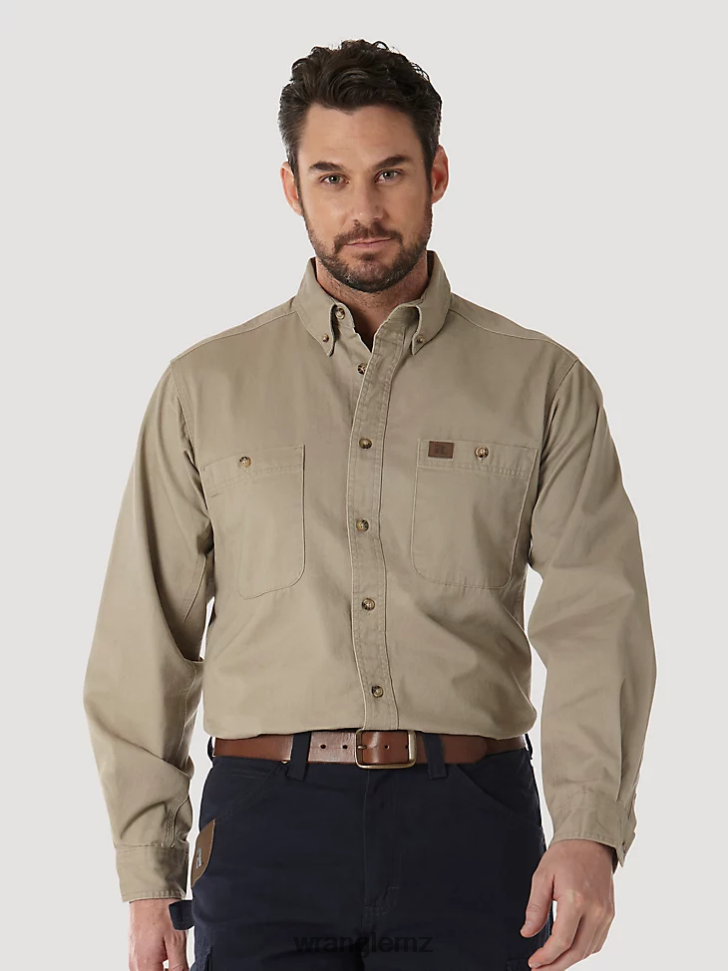 Wrangler RIGGS Workwear Long Sleeve Button Down Solid Twill Work Shirt Khaki (3W501KH) Men Clothing DRL6LH351