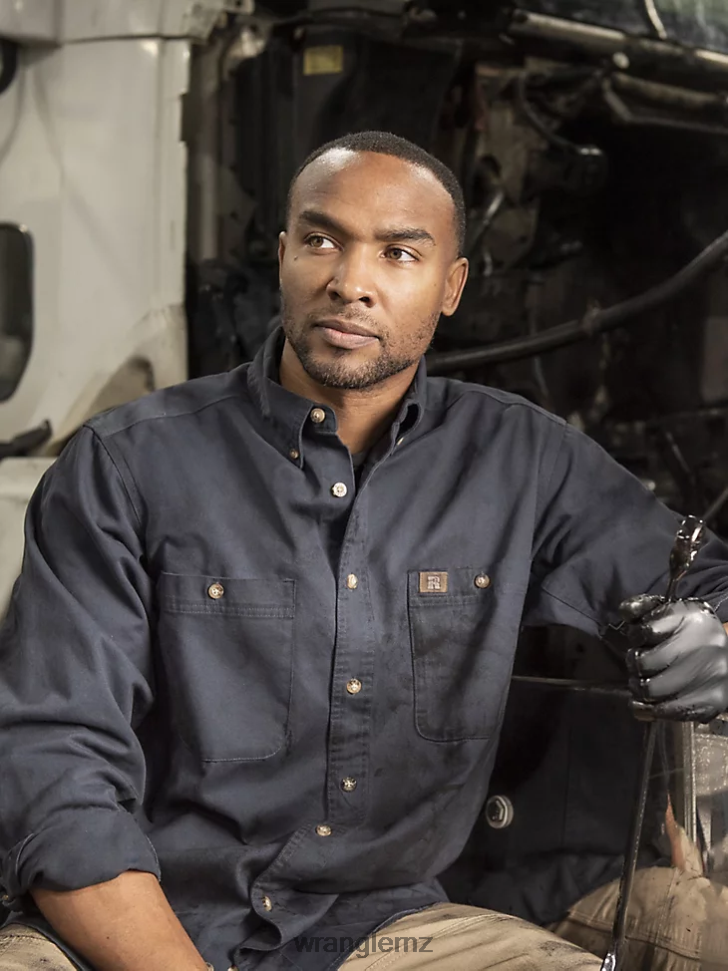 Wrangler RIGGS Workwear Long Sleeve Button Down Solid Twill Work Shirt Navy (3W501NV) Men Clothing DRL6LH350