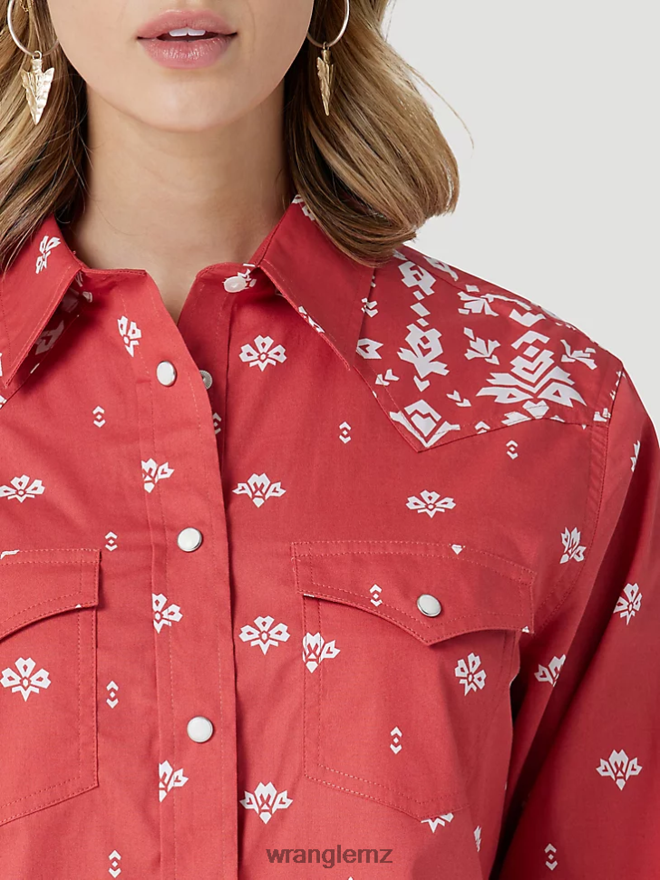 Wrangler Retro Americana Bandana Western Snap Shirt Red (112327234) Women Clothing DRL6LH882
