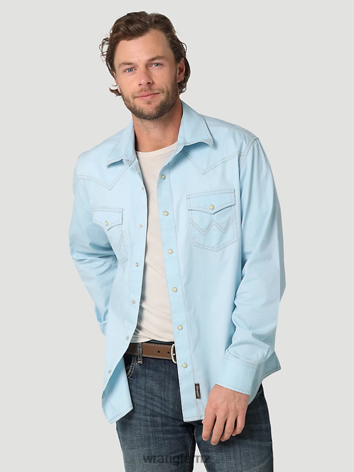 Wrangler Retro Premium Contrast Trim Western Snap Flap Pocket Solid Shirt Cool Blue (112324804) Men Clothing DRL6LH455