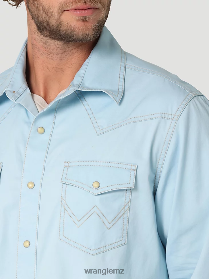 Wrangler Retro Premium Contrast Trim Western Snap Flap Pocket Solid Shirt Cool Blue (112324804) Men Clothing DRL6LH455