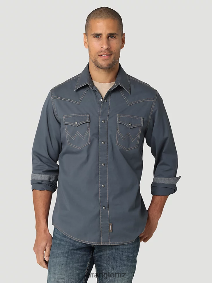 Wrangler Retro Premium Contrast Trim Western Snap Flap Pocket Solid Shirt Ombre Blue (112324845) Men Clothing DRL6LH456