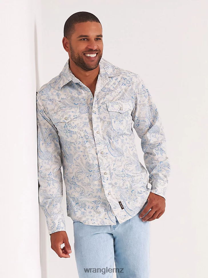 Wrangler Retro Premium Long Sleeve Button-Down Print Shirt Toile Blue (112327790) Men Clothing DRL6LH426
