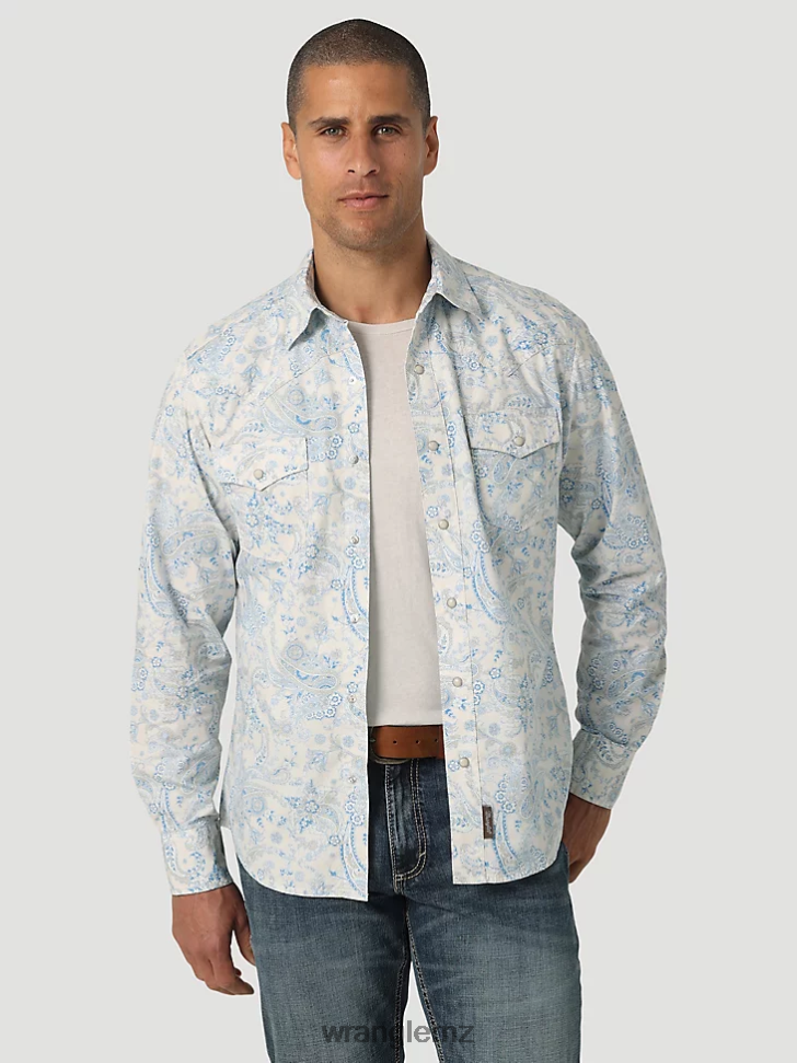 Wrangler Retro Premium Long Sleeve Button-Down Print Shirt Toile Blue (112327790) Men Clothing DRL6LH426