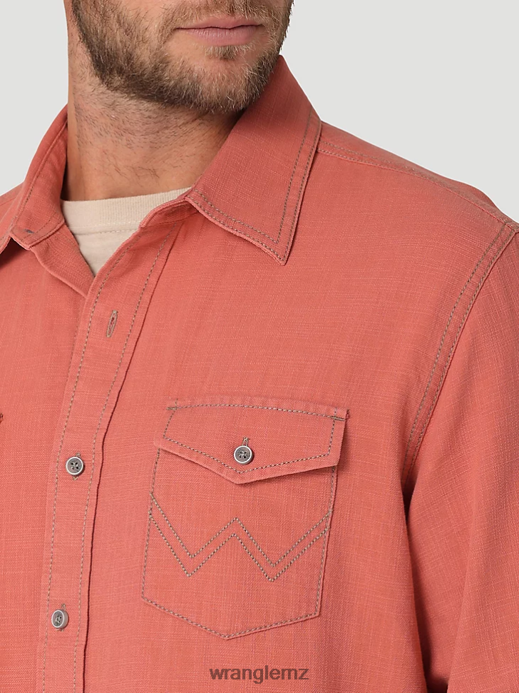 Wrangler Retro Premium Long Sleeve Button-Down Solid Shirt Salmon Red (112324852) Men Clothing DRL6LH303