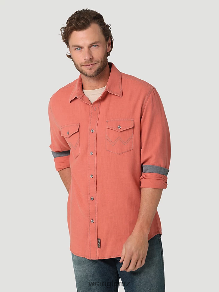 Wrangler Retro Premium Long Sleeve Button-Down Solid Shirt Salmon Red (112324852) Men Clothing DRL6LH303