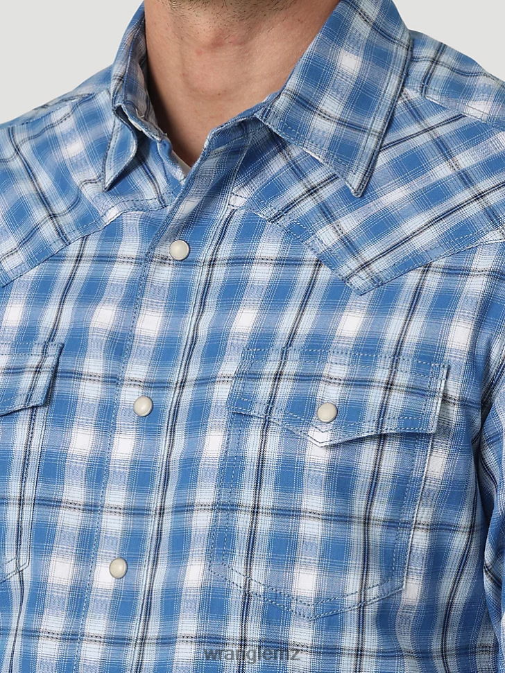 Wrangler Retro Premium Long Sleeve Western Snap Plaid Shirt Riviera Blue (112327792) Men Clothing DRL6LH479
